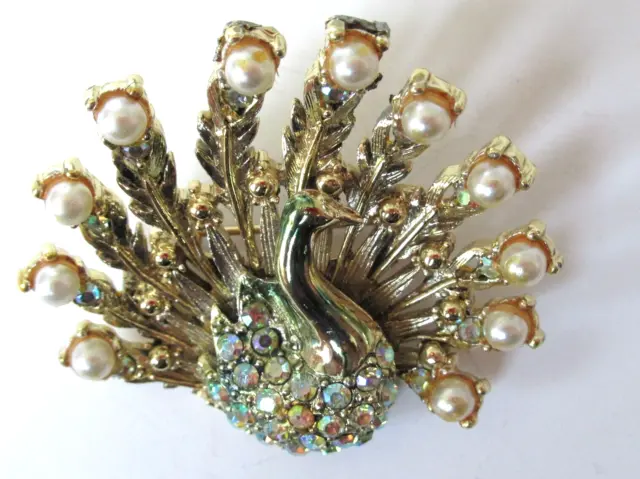 Vintage Faux Pearl And Aurora Borealis Rhinestone Green. Gold Peacock Brooch Pin