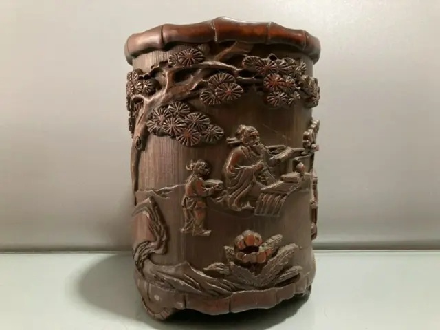 Chinese Natural Bamboo Hand-Carved Exquisite Figures Story Brush Pot 25921