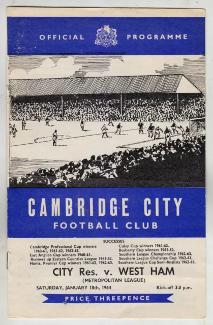 CAMBRIDGE CITY RESERVES v WEST HAM UTD - Metropolitan League Programme 1963/1964