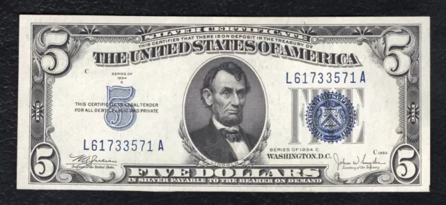 1934-C $5 Five Dollars Silver Certificate Currency Note Gem Uncirculated
