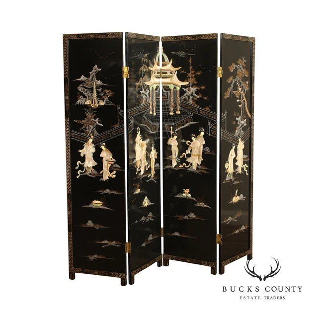 Asian Decorated Black Lacquer Four-Panel Folding Screen