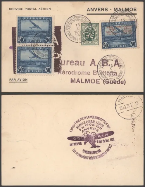 Belgium 1931 - Air Mail Cover Flight Antwerp Malmo Sweden R160