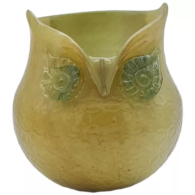 Vtg Art Glass Green Brown Yellow Honeycomb Dimpled Owl Vase Applied Eyes 6" Tall