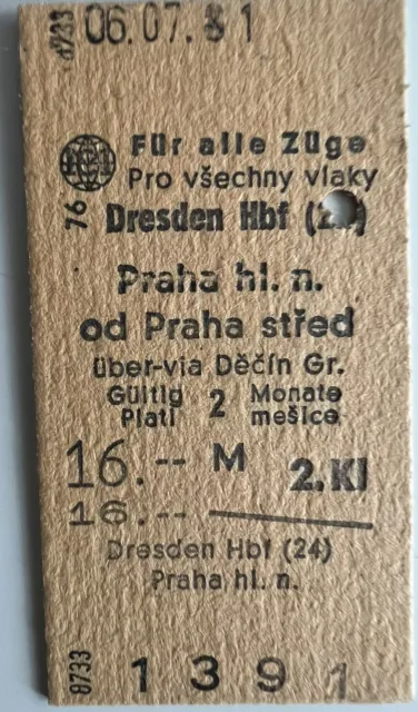 DDR Edmondsonsche Fahrkarte 06.07.81 Dresden Hbf- Praha hl. n. oder Praha stred.