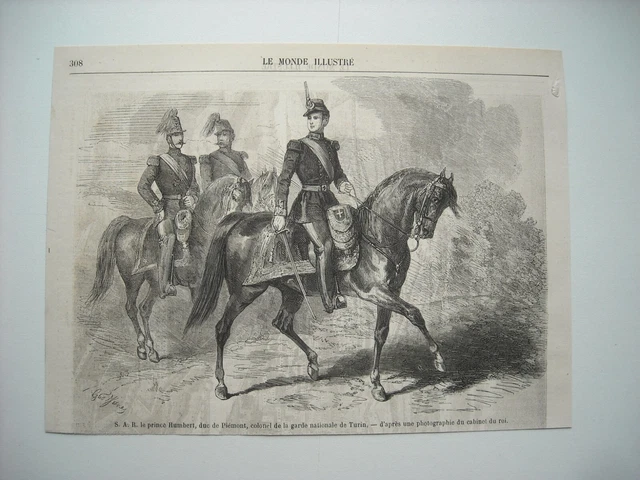 Gravure 1859. S. A. R. Le Prince Humbert, Duc De Piemont, Colonel Garde De Turin