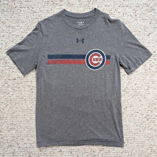 Chicago Cubs Under Armour T-Shirt Heatgear Mens SMALL Loose Fit Gray Crew Neck