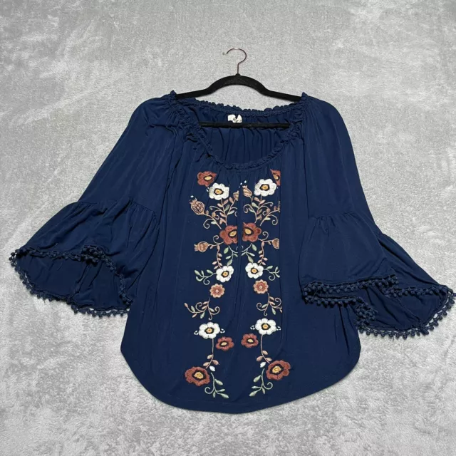 Altard State Womens Large Dark Blue Floral Boho Blouse Off Shoulder Bell Sleeve