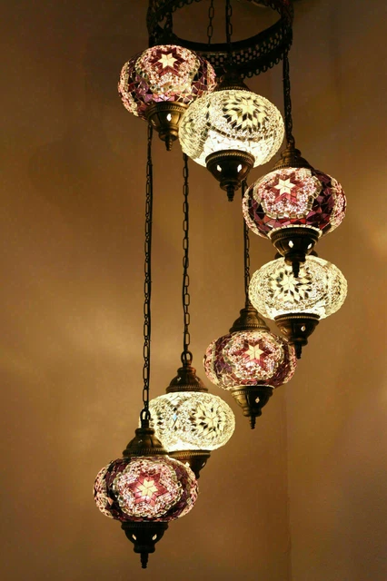 Lustre Suspension Mosaïque Turque/marocaine - Style Tiffany - Verre Coloré, Laiton - 65cm, 1 Lumière LED - Neuf