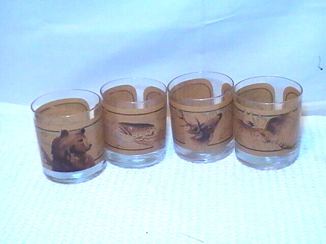 4 Vintage Wildlife 8 Oz. Highball Glasses Tom O'Brien bear eagle deer pheasant