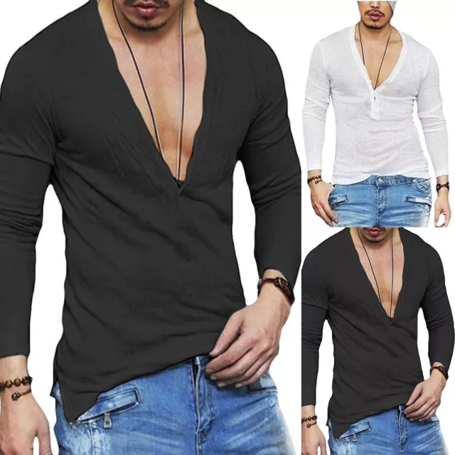 Trendy Mens Long Sleeve Slim Fit Deep V Neck T shirt Button Tops Tee Blouse