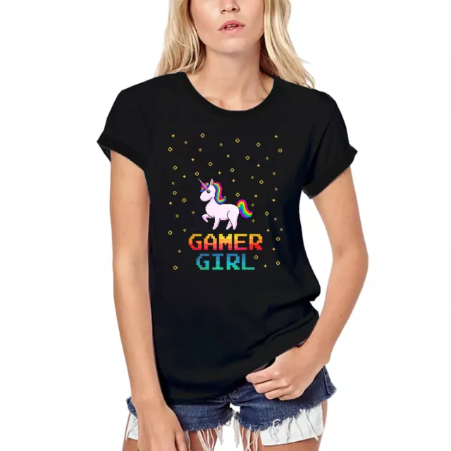 Donna Maglietta Cotone Biologico Unicorn Gamer Girl - Videogiochi Divertente