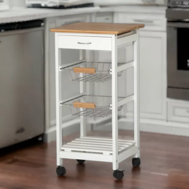 3 Layers Portable Bamboo Top MDF Kitchen Trolley Drawer Shelf Cart on Wheels