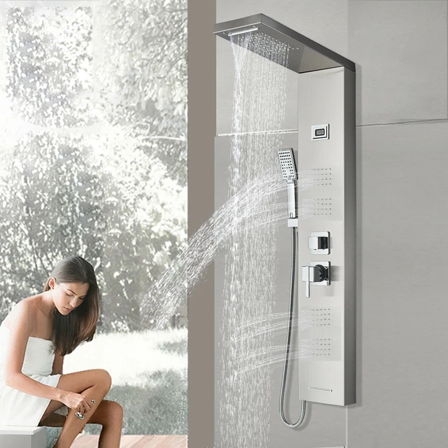 Sistema de torre de panel de ducha chorro de masaje lluvia y cascada con níquel cepillado de mano