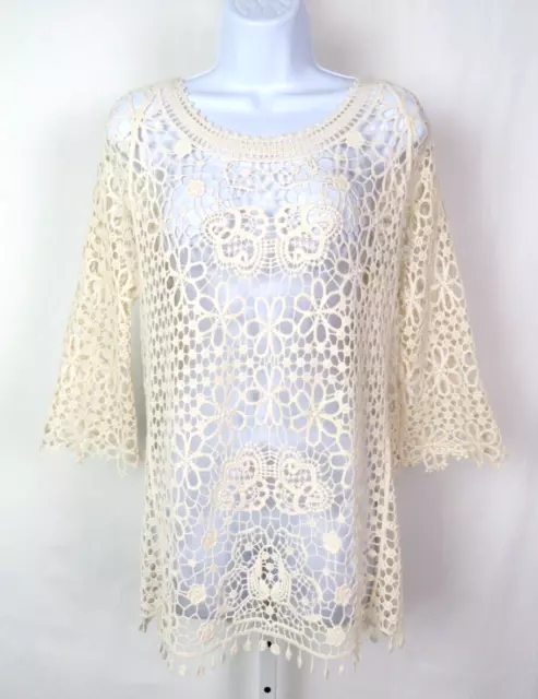 VTG 1980s JANTZEN IVORY CROCHETED FLORAL HIPPIE SMOCK TOP BEACH COVER SIZE LARGE