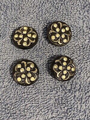 (4) Vintage Black Buttons with 8 Rhinestones & Painted Swirls 3/4”