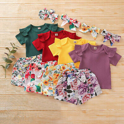 Summer Toddler Baby Girls Ruffles Tops+Floral Printed Shorts+Headbands Outfits