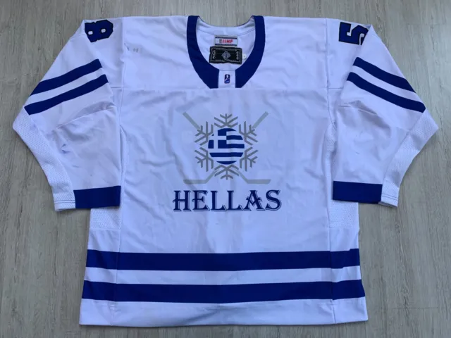 IIHF GREECE Game Worn Hockey Jersey Shirt Tackla HELLAS Size XL #58 A. KATSIHTIS