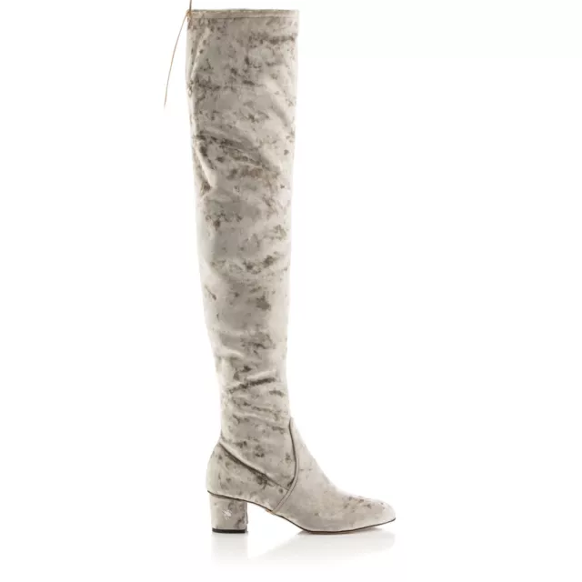 $965 New Charlotte Olympia SKY HIGH Velvet Silver Gray Over Knee OTK Boots  34