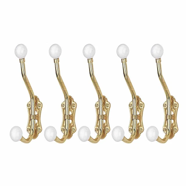 5 Pcs Double Coat Hook Wall Mount 6.25" L Brass Polish White Ball Tip Style