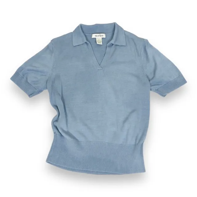 ALFANI 100% Silk Top Size XL Blue Short Sleeve V Neck Knit Stretch (fit like Med