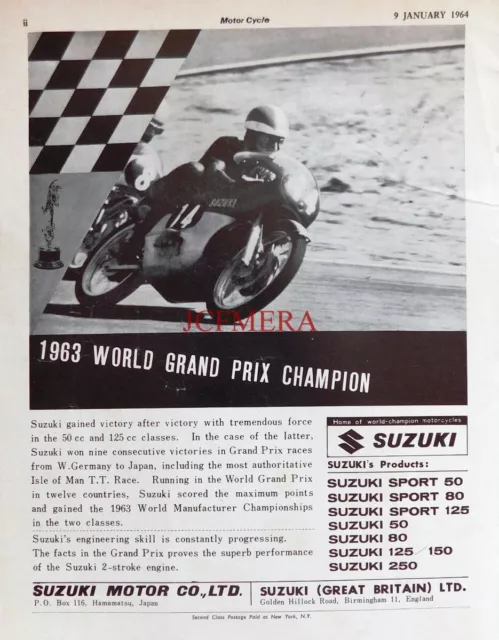 SUZUKI Motor Cycles Original '1963 World Grand Prix Champions' Advert : 669/137