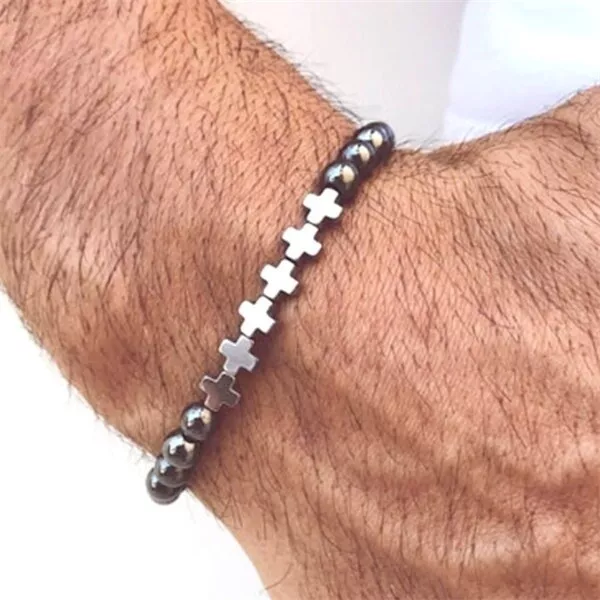 Magnetic Hematite Therapy 925 Silver Bracelet Bangle Cross Relief Practical Men