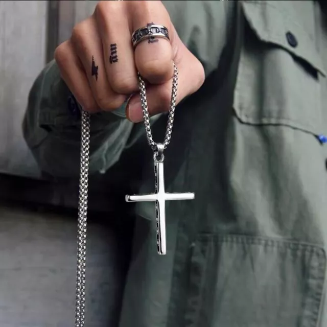 Hot Silver Stainless Steel Black Cross Pendant Men Women Chain Necklace Crucifix