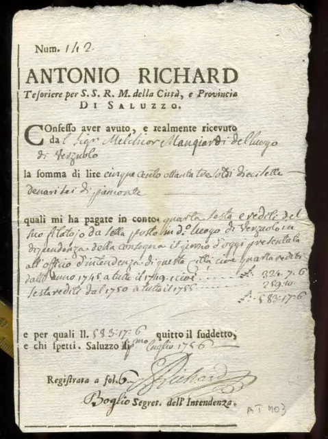Repubblica Piemontese Saluzzo Verzuolo Ricevuta di Pagamento at 403