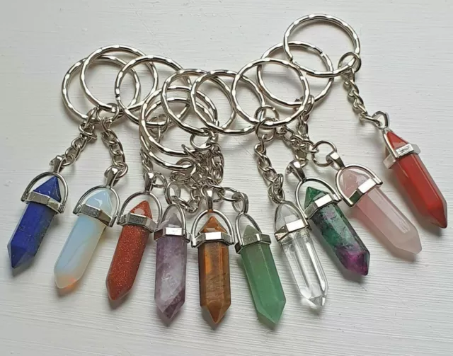 Natural Gemstone Keyring Crystal Point Pendant Charm Yoga Reiki Healing Key-Ring