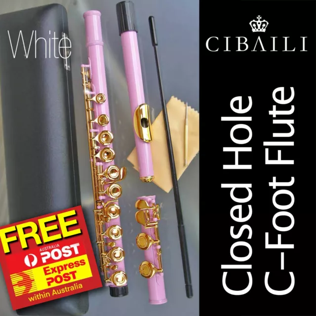 WHITE & GOLD CIBAIL Student Flute C 16 keys • NEW • Case • Free Express Post •