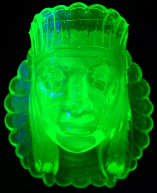 Green Vaseline glass Indian head toothpick holder uranium chief match native art