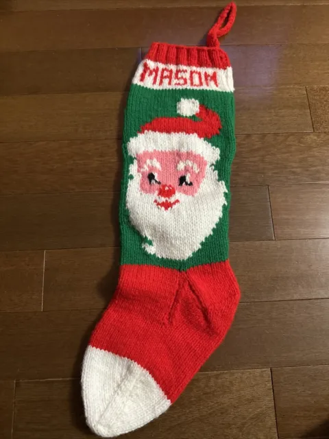 Hand Knitted Christmas Stockings Personalized “ Mason” Santa Red Green