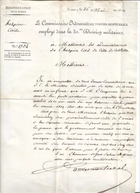 lettre du commissaire Fornier-Montcazals à l'hospice de Citta di Castello 1812
