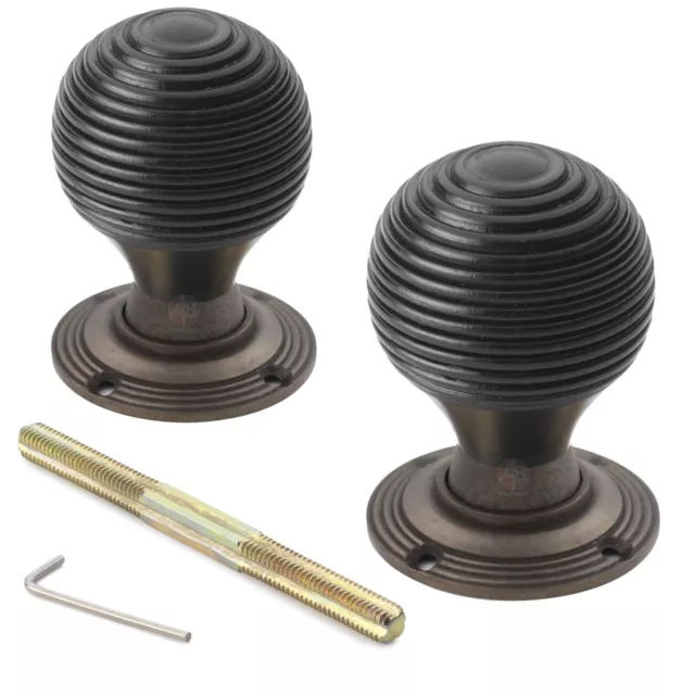 Black Antique Wooden Beehive Door Knob Handle Brass Rim Mortice Pair New Set