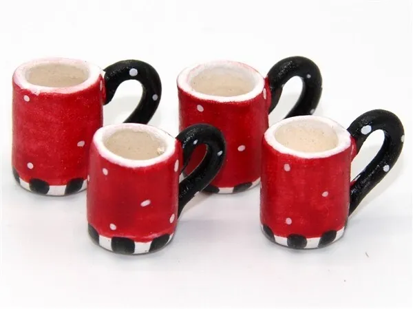 4 Mugs Red Spot Kitchen Accessory Dolls House Miniature 1:12 Scale (GB)