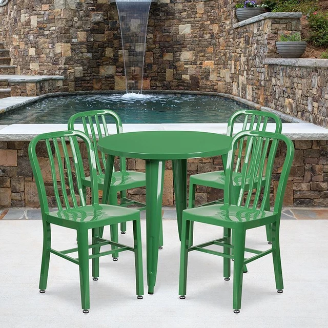 Commercial Grade 30" Round Green Metal Indoor/Outdoor Table Set w/4 Vertical Sla