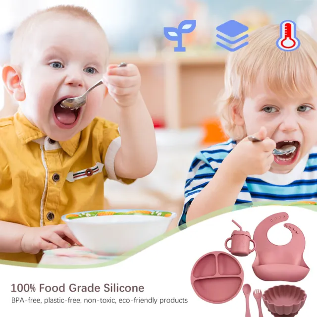 Juego de 6 vajilla de alimentación de silicona para bebés con BPA (rojo rosa)