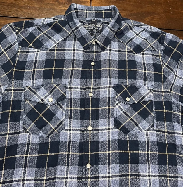 American Rag Pearl Snap Blue Plaid Long Sleeve Flannel Shirt Men’s Size L.