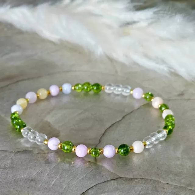 Peridot + Morganit und Bergkristall Perlenarmband Steine 4mm Länge 17cm