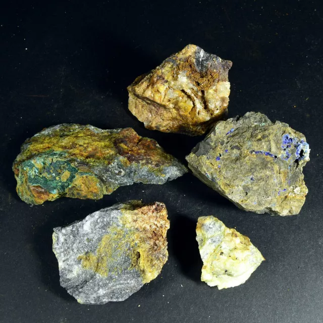 5 classic UK mineral specimens - Azurite, Stibnite, Brochantite, Wolframite  etc