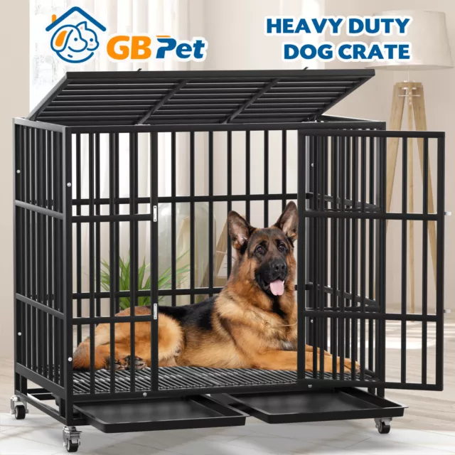 42 Inch Heavy Duty Dog Crate Metal Pet Cage Portable Kennel House Wheels w/ Tray