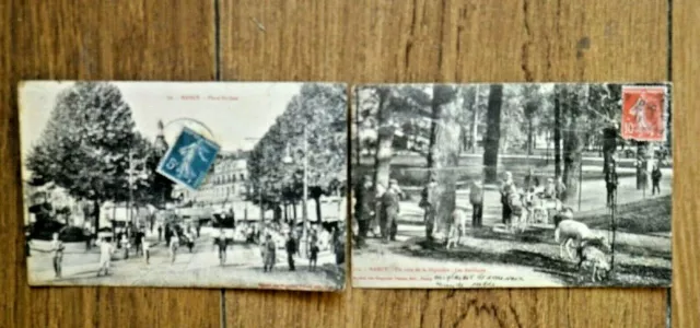 2 CPA animées Nancy Un coin de la pépinière les Antilopes et Place St Jean 1911