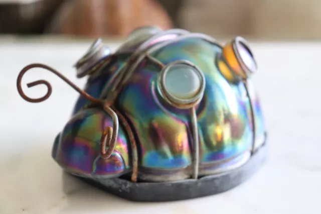Vintage Iridescent Carnival Glass Lady Bug Paperweight Garden Decor