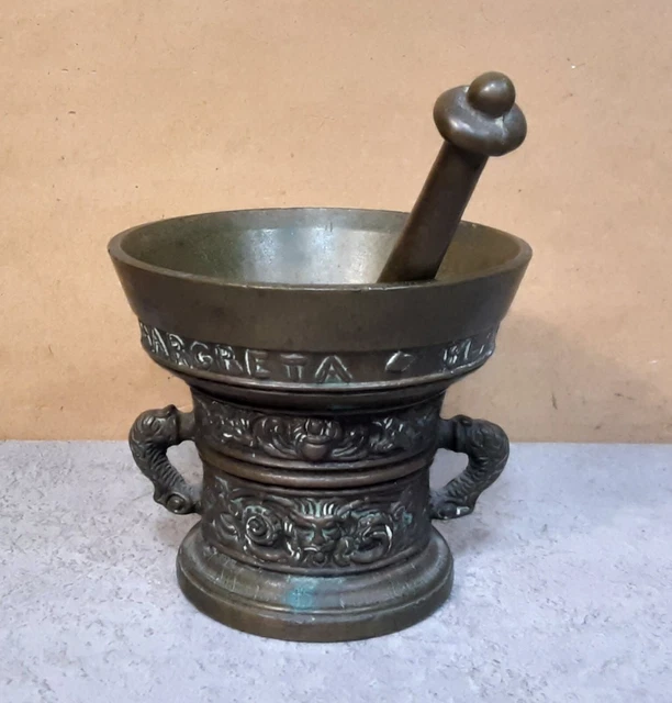 Antiker MÖRSER & STÖßEL, MESSING, BRONZE, Ornamente, APOTHEKE