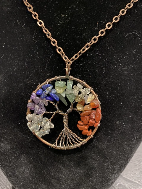 Natural Gemstone Tree of Life Pendant Necklace 7 Chakra Healing Crystal Charm 30