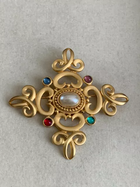 Stunning French Designer Brooch - Cross with Pearl and Glass Cabochons 8cm