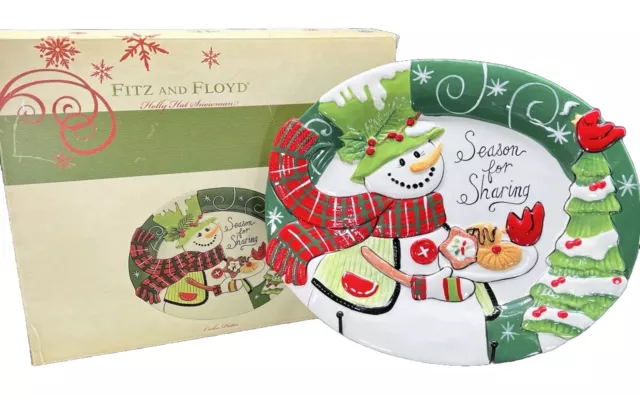Fitz & Floyd Holly Hat Snowman Cookie Platter Season For Sharing Holiday Xmas