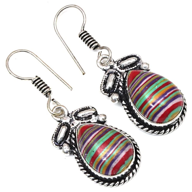 Rainbow Calsilica Gemstone Gift For Her 925 Silver Jewelry Earrings 1.5''
