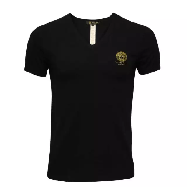 Versace Iconic Chest Logo Stretch Cotton V-Neck T-Shirt