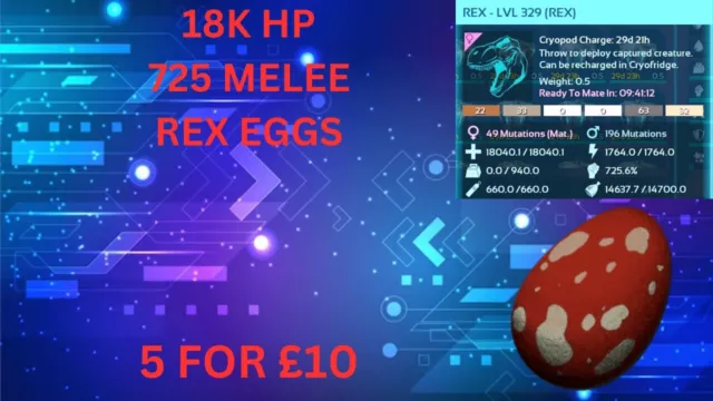 Ark Survival Ascesed pve 5 18k Hp 725 Melee REX EGGS PC/XBOX/PS5